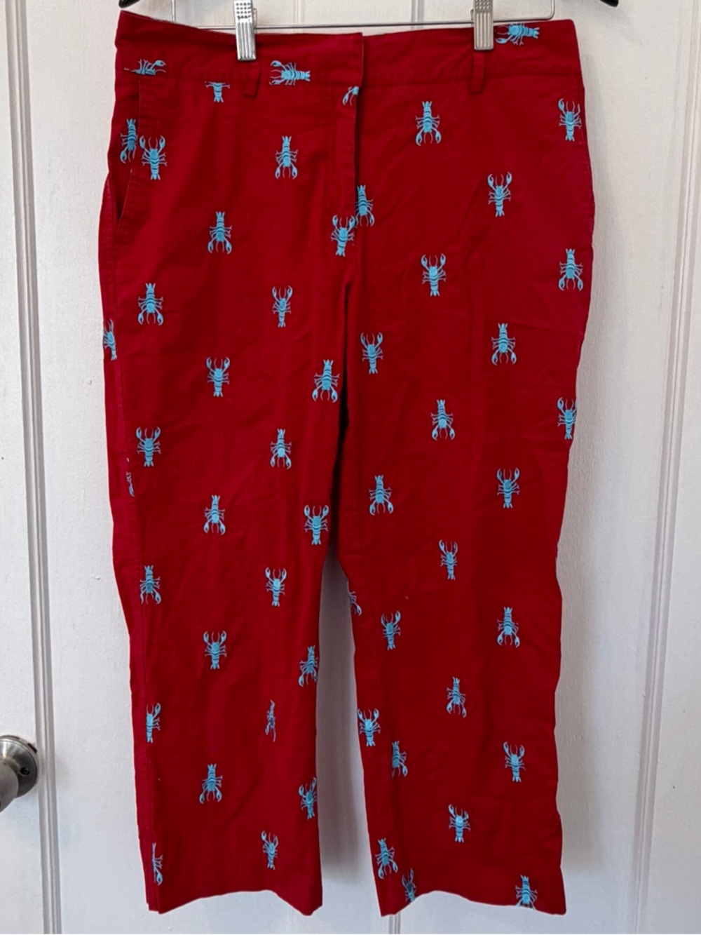 Vtg Lilly Pulitzer Red Ankle Pants with Blue Lobster Embroidery, Size 10